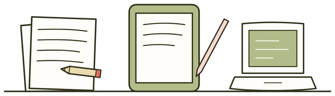 Des pages imprimées avec un crayon, une tablette avec son stylet, et un ordinateur portable.