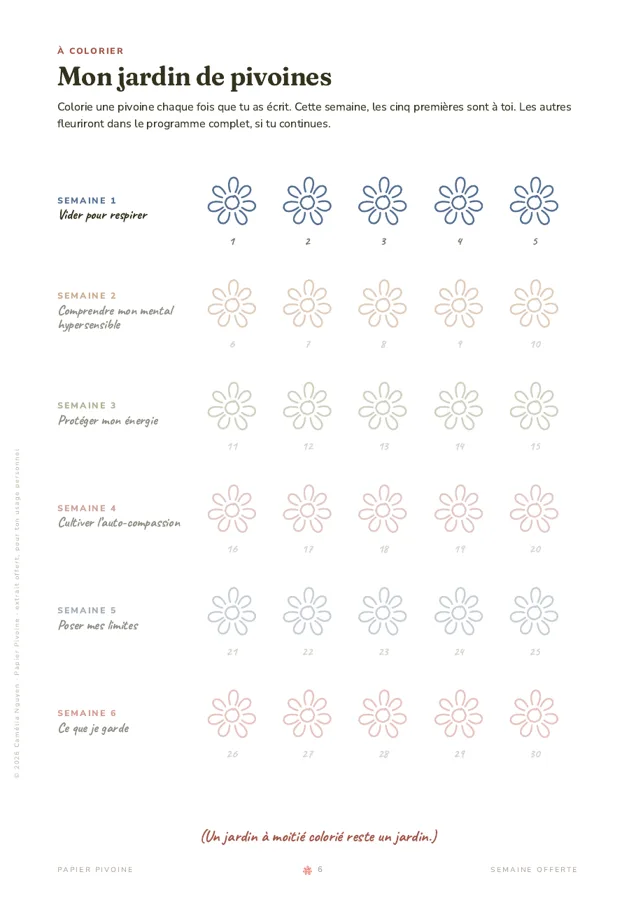 Page 6, le jardin de pivoines à colorier