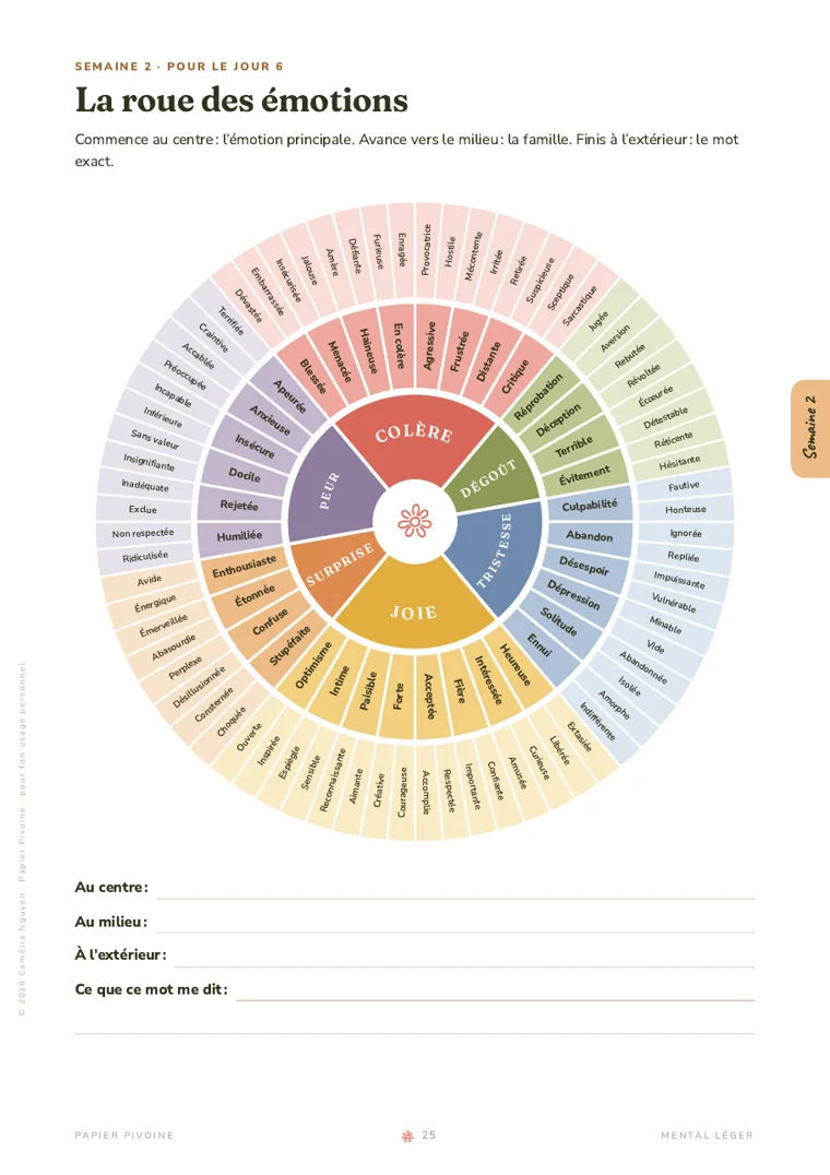 Page de la roue des émotions, avec des cases pour noter le mot exact.