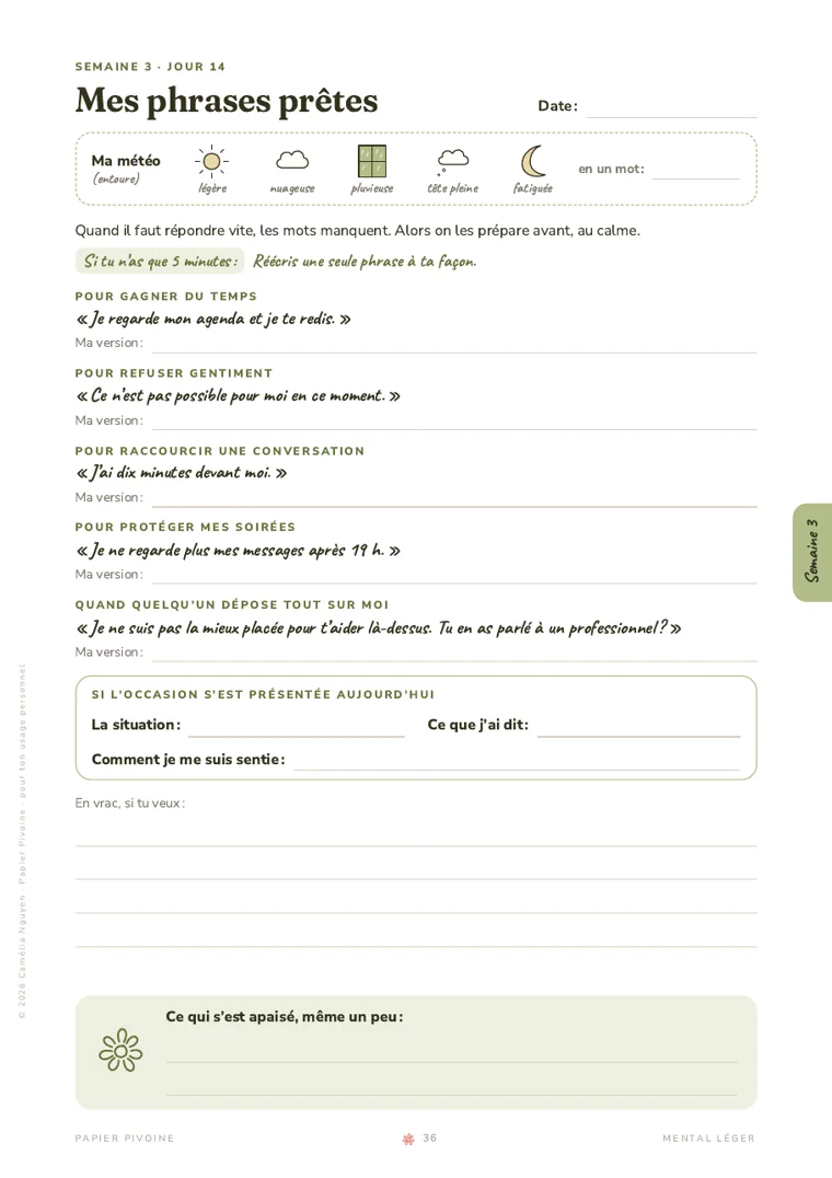 Page Mes phrases prêtes, avec des exemples et des lignes pour écrire les tiennes.