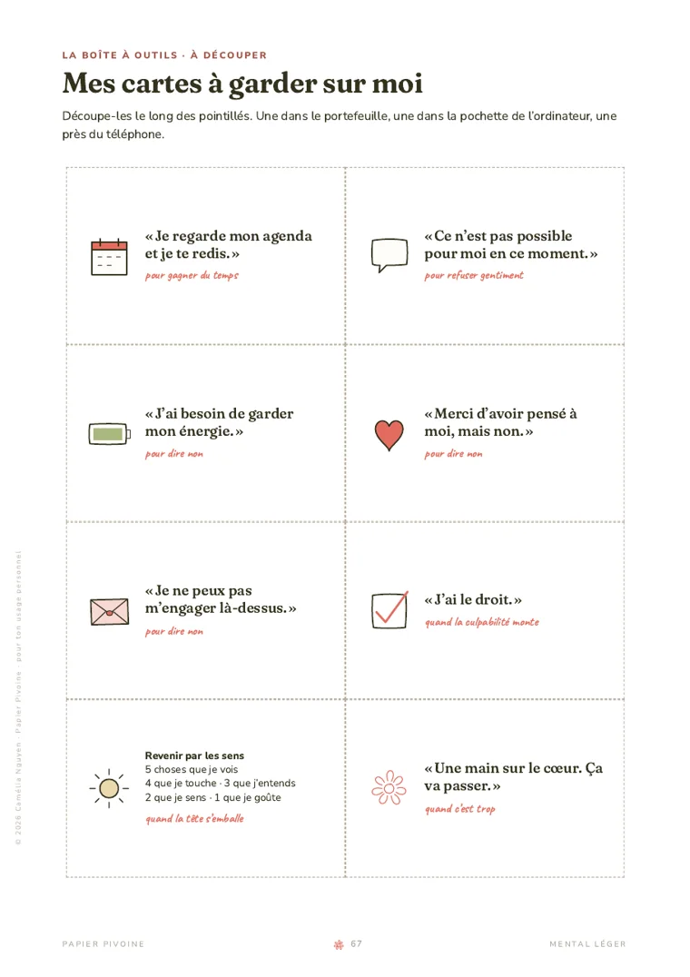 Huit cartes à découper, avec des phrases pour dire non et pour les moments où c’est trop.